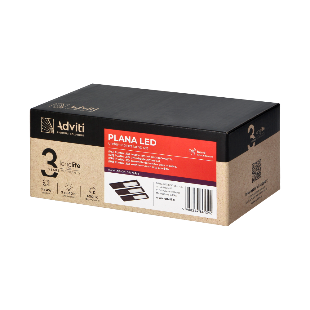 PLANA zestaw 3 lamp podszafkowych LED, 3x4W, 3x240lm, 4000K, z włącznikiem bezdotykowym, czarne
