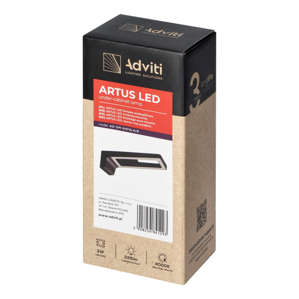 ARTUS LED under-cabinet lamp, 3W, 225lm, 4000K, black