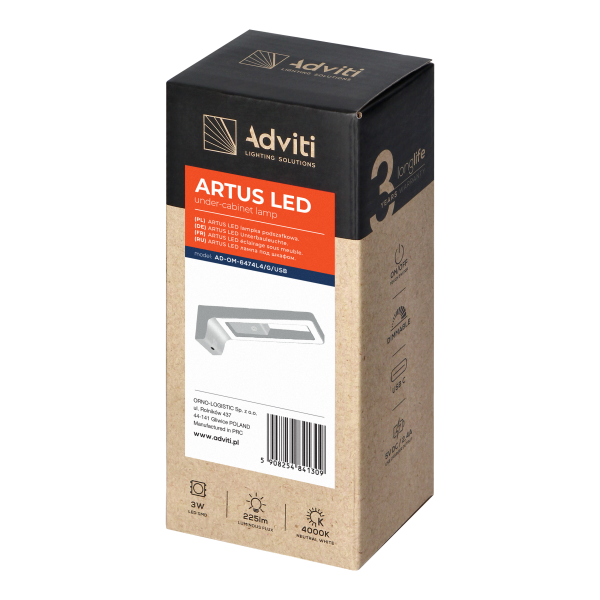 ARTUS lampka podszafkowa LED 3W, 225lm, 4000K, z włącznikiem dotykowym i USB, szara