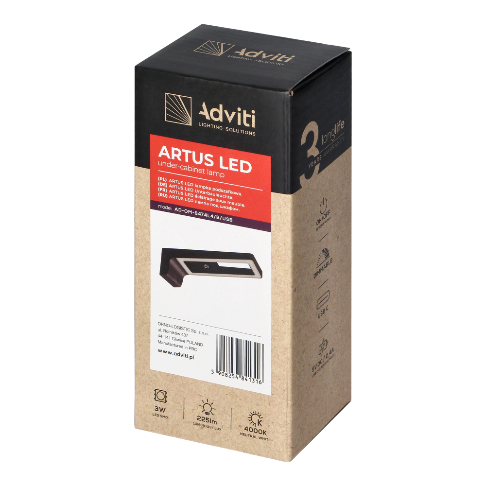 ARTUS lampka podszafkowa LED 3W, 225lm, 4000K, z włącznikiem dotykowym i USB, czarna