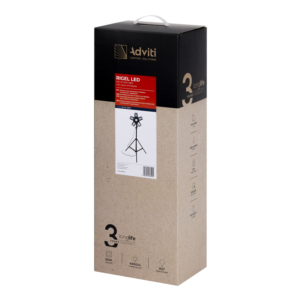 RIGEL LED Set: Folding 5-wing work light 55W with tripod and adapter