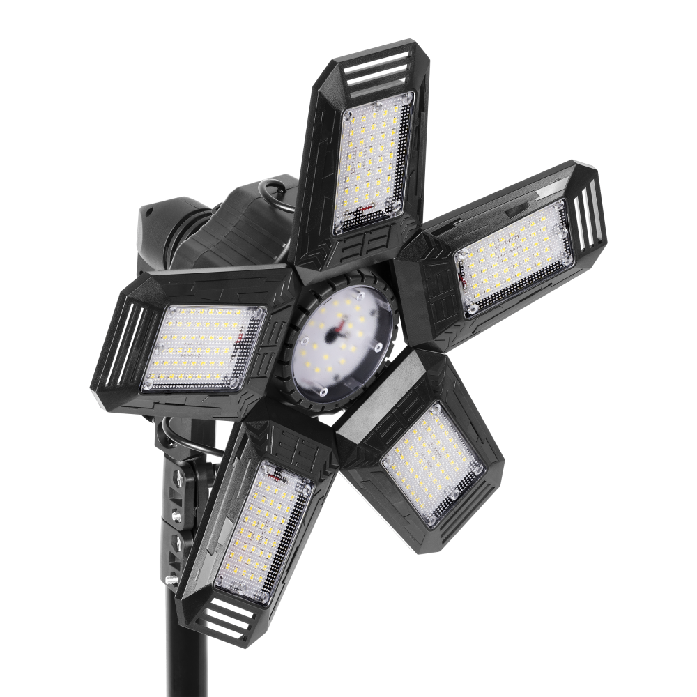 RIGEL LED zestaw: lampa warsztatowa składana 5-skrzydłowa 55W + statyw + adapter