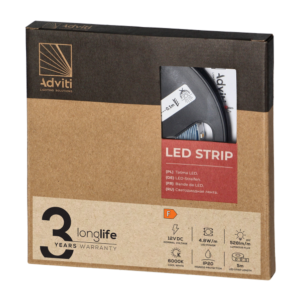 LED strip 12V, 2835, 60L/m, 500lm/m, 4,8W/m, IP20, 6000K, 5m