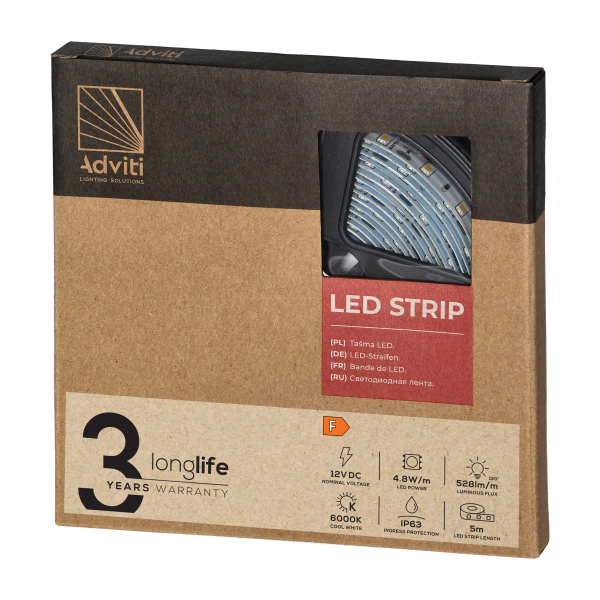 Taśma LED 12V, 2835, 60L/m, 430lm/m, 4,8W/m, IP63, 6000K, 5m