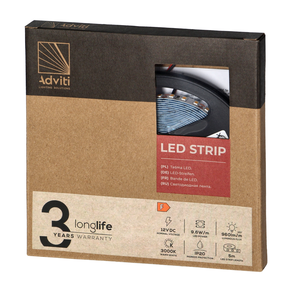 LED strip 12V, 2835, 120L/m, 9.6W/m, IP20, 3000K, 5m