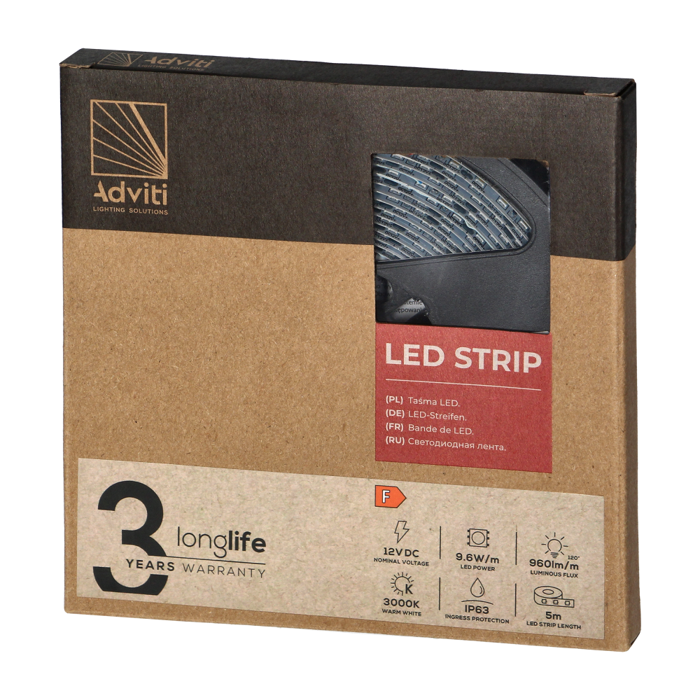 LED strip 12V, 2835, 120L/m, 760lm/m, 9,6W/m, IP63, 3000K, 5m