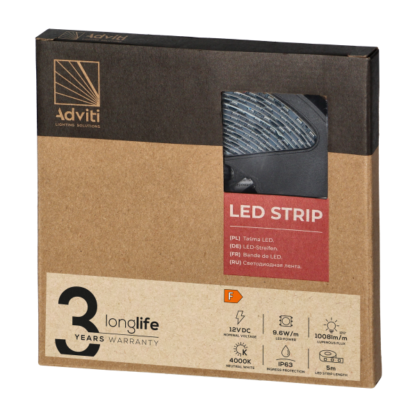 LED strip 12V, 2835, 120L/m, 760lm/m, 9,6W/m, IP63, 4000K, 5m