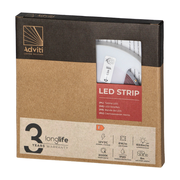 Taśma LED 12V, Samsung chipset 2835, 60L/m, 630lm/m, 6W/m, IP20, 3000K, 5m