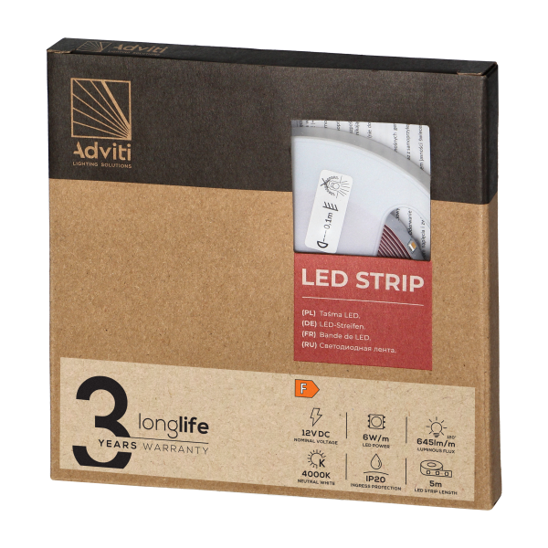 LED strip 12V, Samsung chipset 2835, 60L/m, 630lm/m, 6W/m, IP20, 4000K, 5m