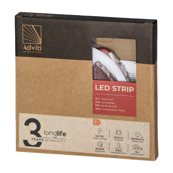 LED strip 12V, Samsung chipset 2835, 120L/m, 1260lm/m, 12W/m, IP20, 3000K, 5m