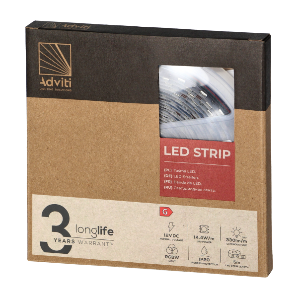 LED strip 12V, Samsung chipset 5050, 60L/m, 330lm/m, 14,4W/m, IP20, RGBW, 5m