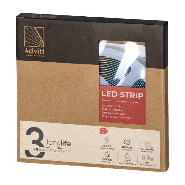 Taśma LED COB 12V, 480L/m, 800lm/m, 10W/m, IP20, 3000K, 5m