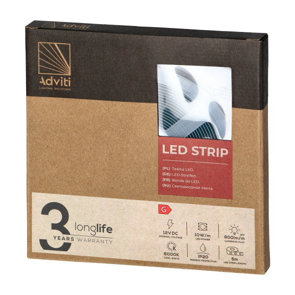 LED strip COB 12V, 480L/m, 900lm/m, 10W/m, IP20, 6000K, 5m