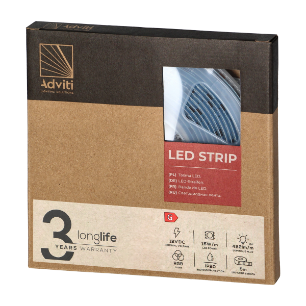 Taśma LED COB 12V, 840L/m, 422lm/m, 15W/m, IP20, RGB, 5m