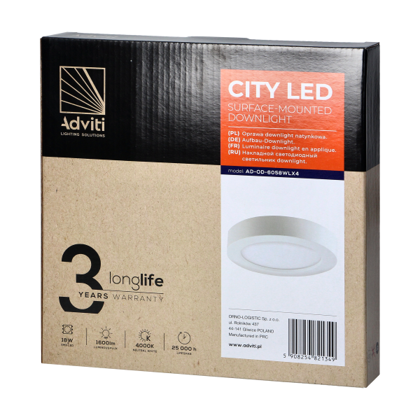 CITY LED 18W surface mounted downlight, round, 1600lm, 4000K, white, inbuilt LED power supply unit CITY LED 18W surface mounted downlight, round, 1600lm, 4000K, white, inbuilt LED power supply unit