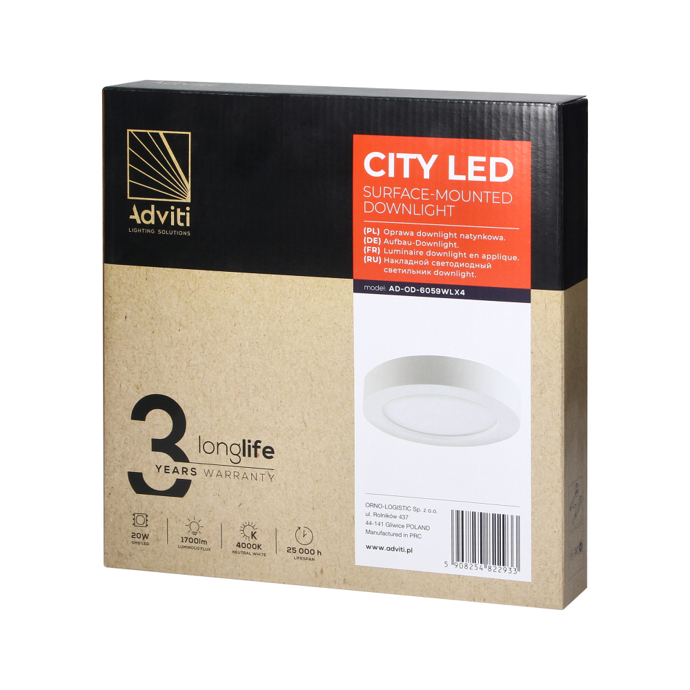 CITY LED 20W, downlight, surface-mounted, round, 1700lm, 4000K, white, integrated LED power supply