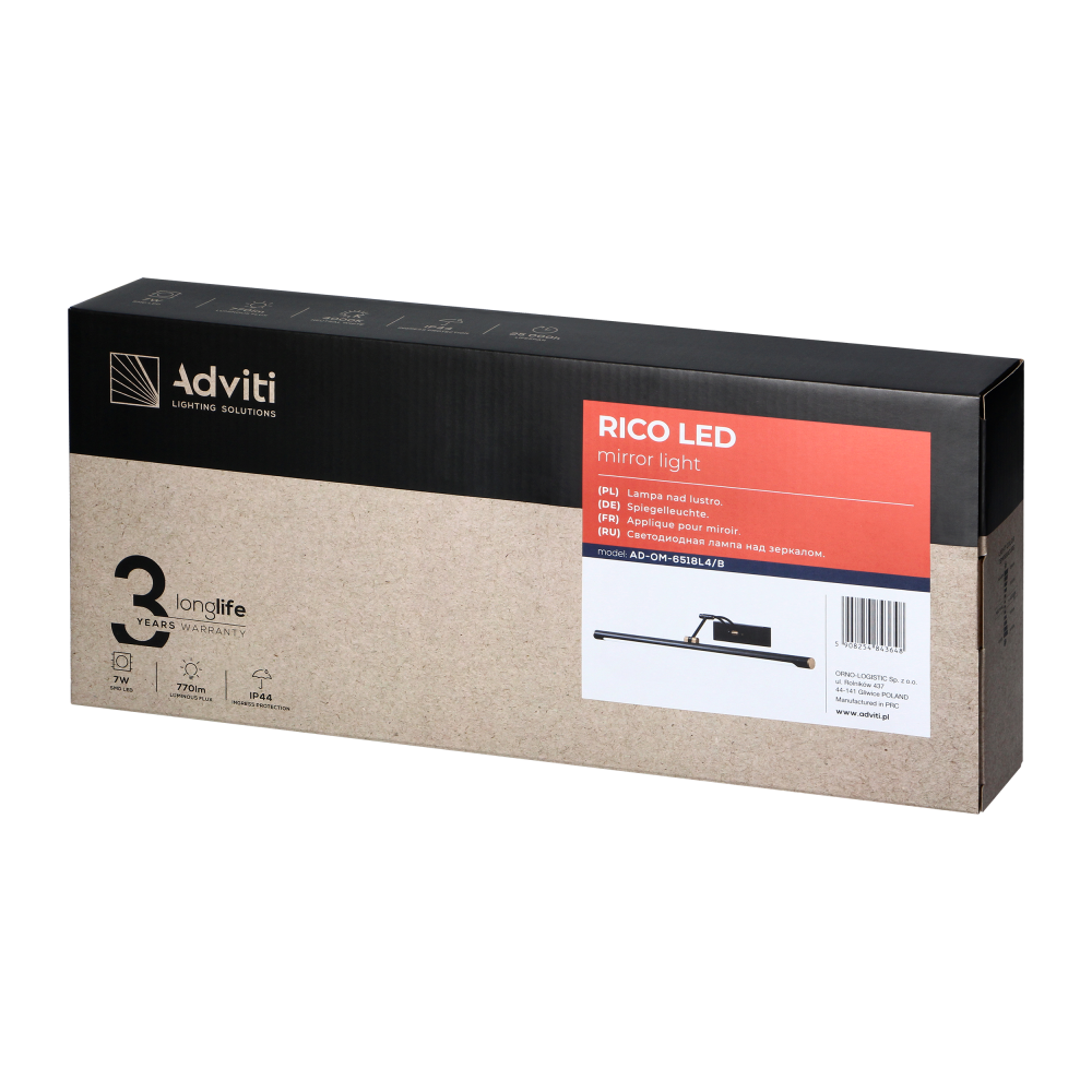 RICO LED 7W, lampa nad lustro, 770lm, 4000K, IP44, dł. 40 cm, czarna