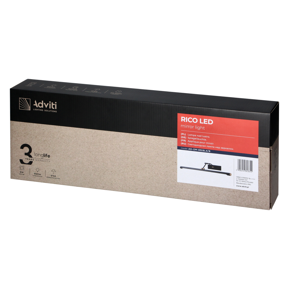 RICO LED 9W, lampa nad lustro, 990lm, 4000K, IP44, dł. 50 cm, czarna