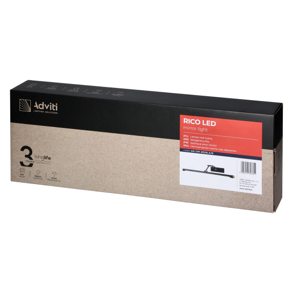 RICO LED 9W, lampa nad lustro, 990lm, 4000K, IP44, dł. 50 cm, czarna RICO LED 9W, lampa nad lustro, 990lm, 4000K, IP44, dł. 50 cm, czarna