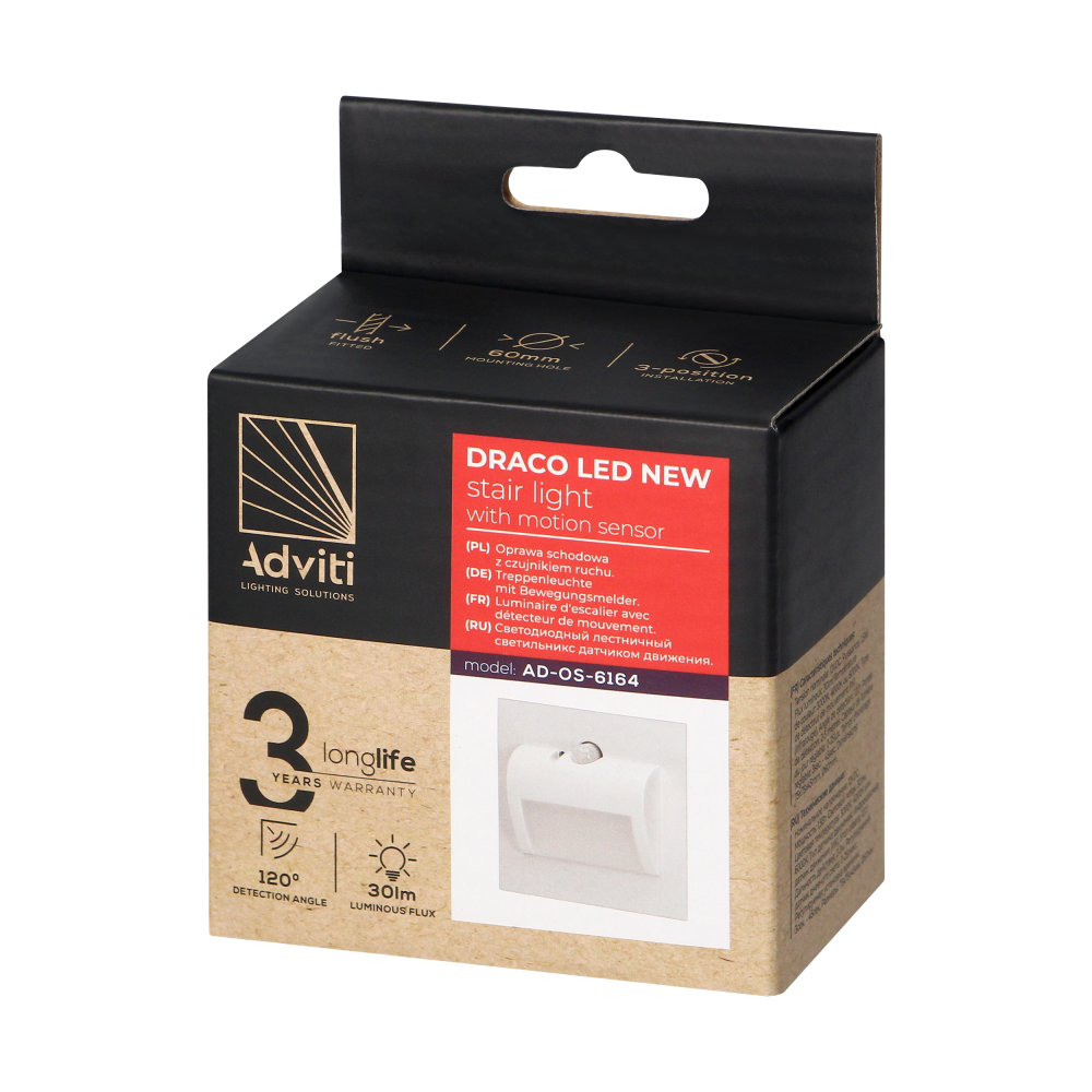 DRACO LED NEW 1,5W, oprawa schodowa podtynkowa, 12VDC, 30lm, 3000K, biała, czujnik ruchu i zmierzchu