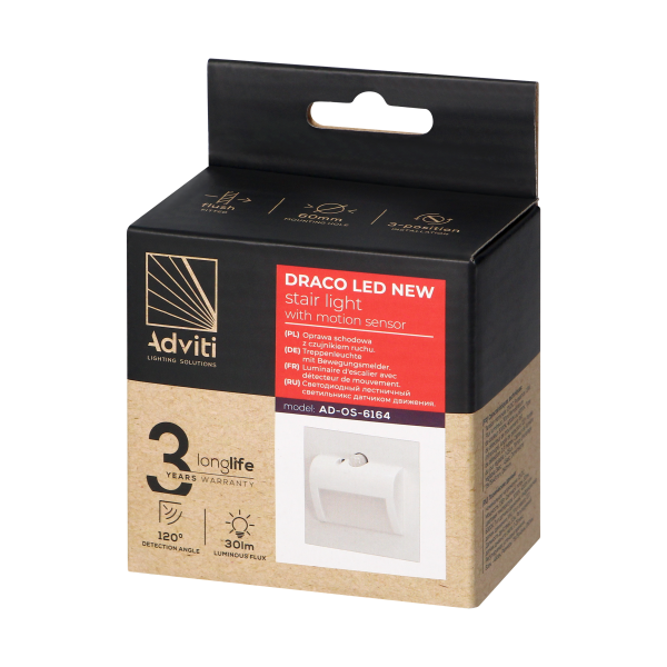 DRACO LED NEW 1,5W, oprawa schodowa podtynkowa, 12VDC, 30lm, 3000K, biała, czujnik ruchu i zmierzchu