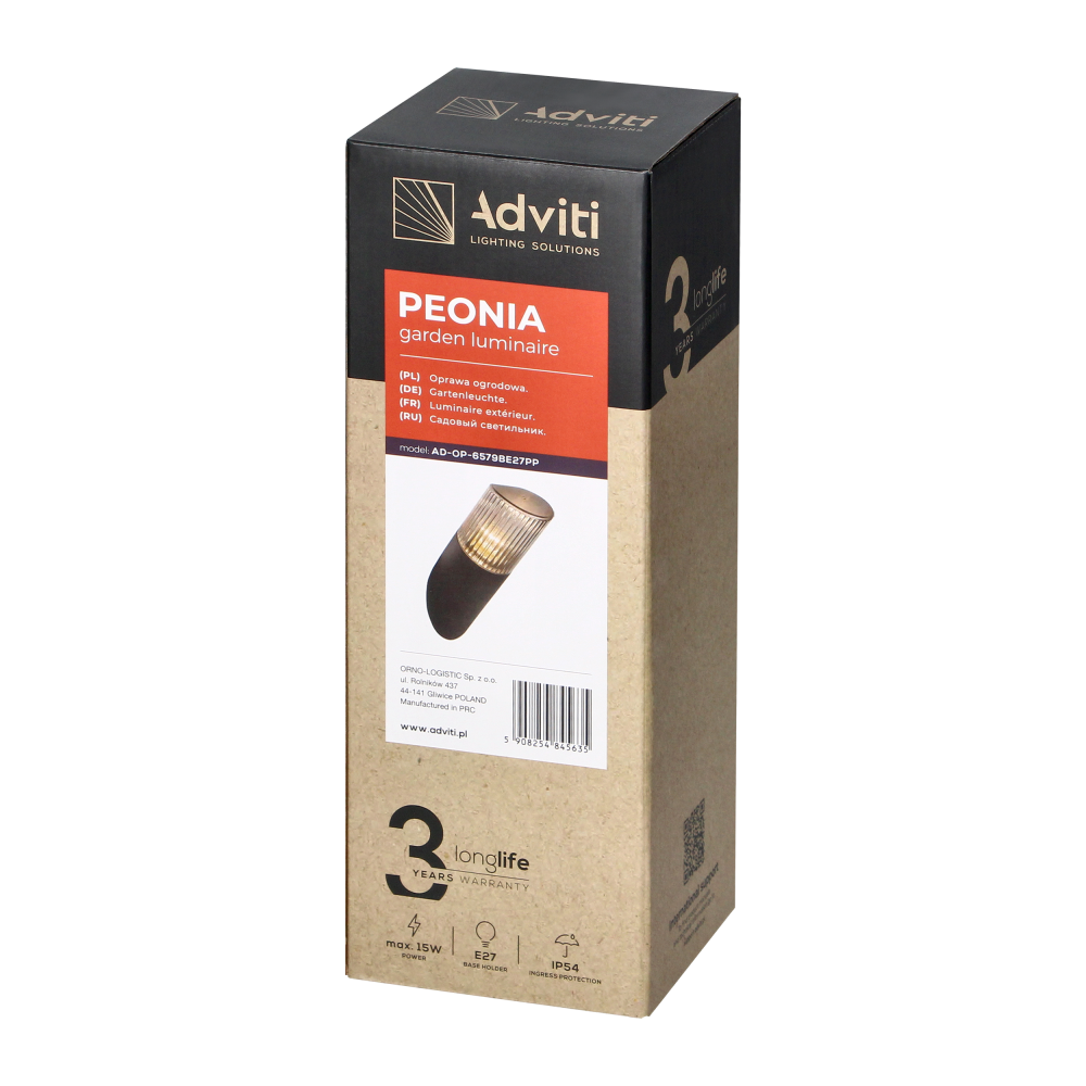 PEONIA oprawa ogrodowa, E27, max. 15W, IP54, skos, czarna