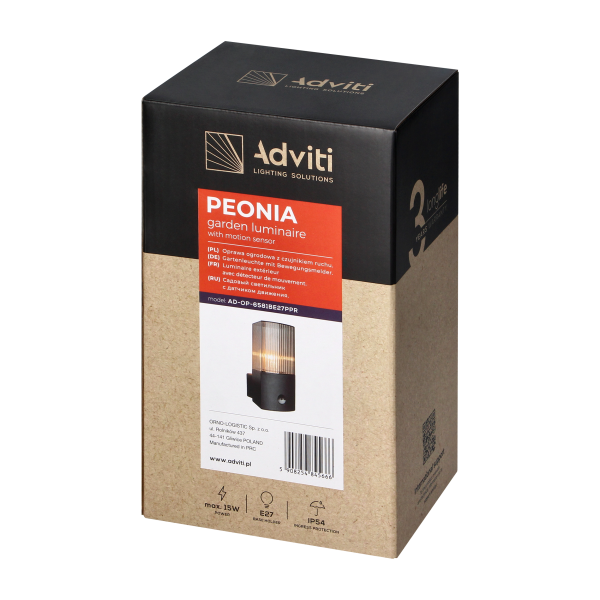 PEONIA garden luminaire with motion sensor, E27, max. 15W, IP54, black PEONIA garden luminaire with motion sensor, E27, max. 15W, IP54, black