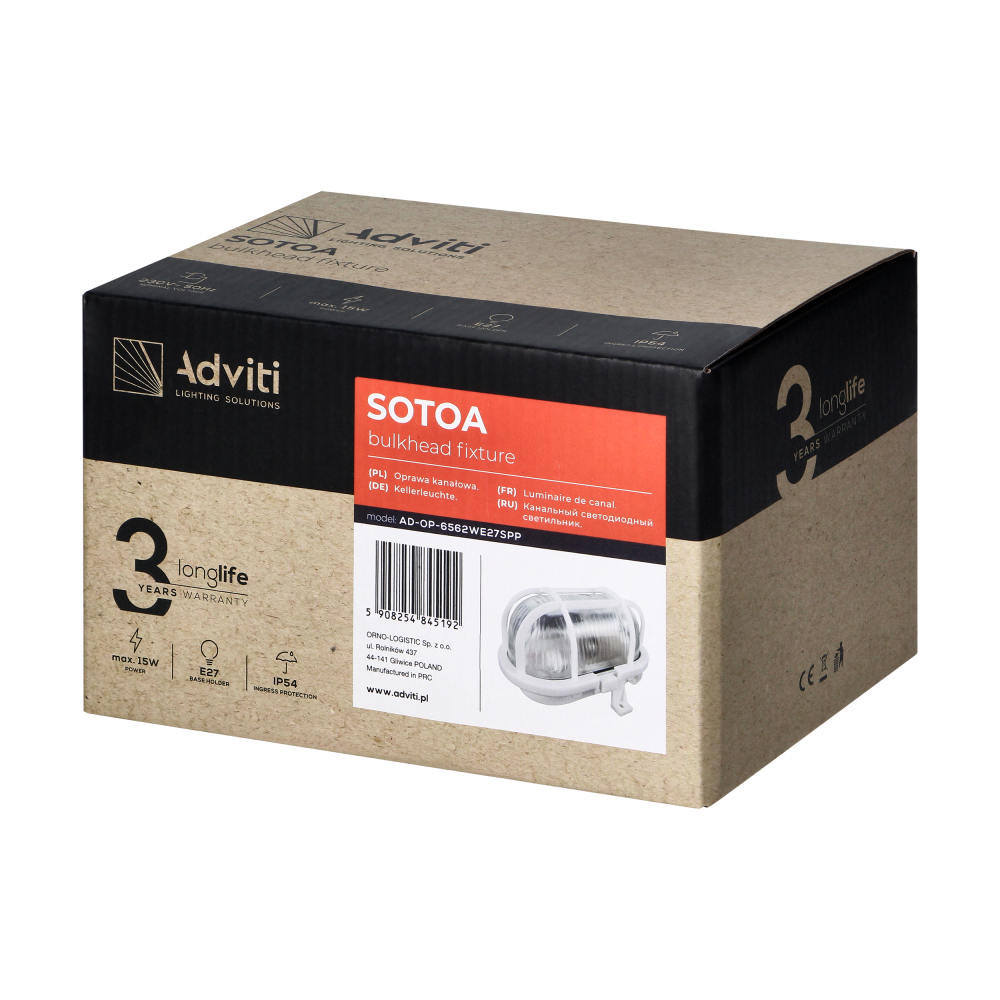 SOTOA, oprawa oświetleniowa,E27, max. 15W, IP54, klosz szklany, osłona plastikowa, biała