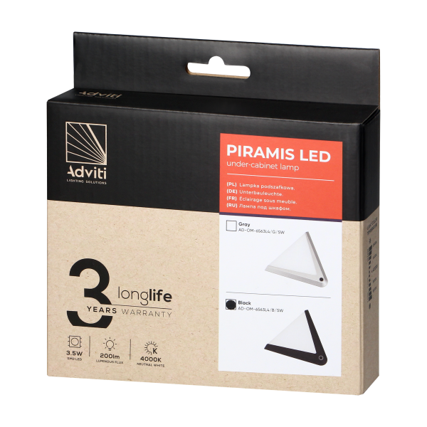 PIRAMIS lampka podszafkowa LED 3,5W, 200lm, 4000K, z włącznikiem bezdotykowym, czarna