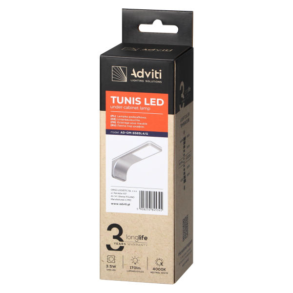 TUNIS lampka podszafkowa 3,5W, 170lm, 4000K, szara