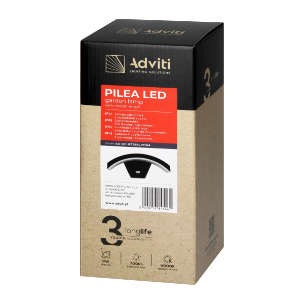 PILEA LED 9W, lampa ogrodowa z czujnikiem PIR, 700lm, IP54, 4000K, czarna PILEA LED 9W, lampa ogrodowa z czujnikiem PIR, 700lm, IP54, 4000K, czarna