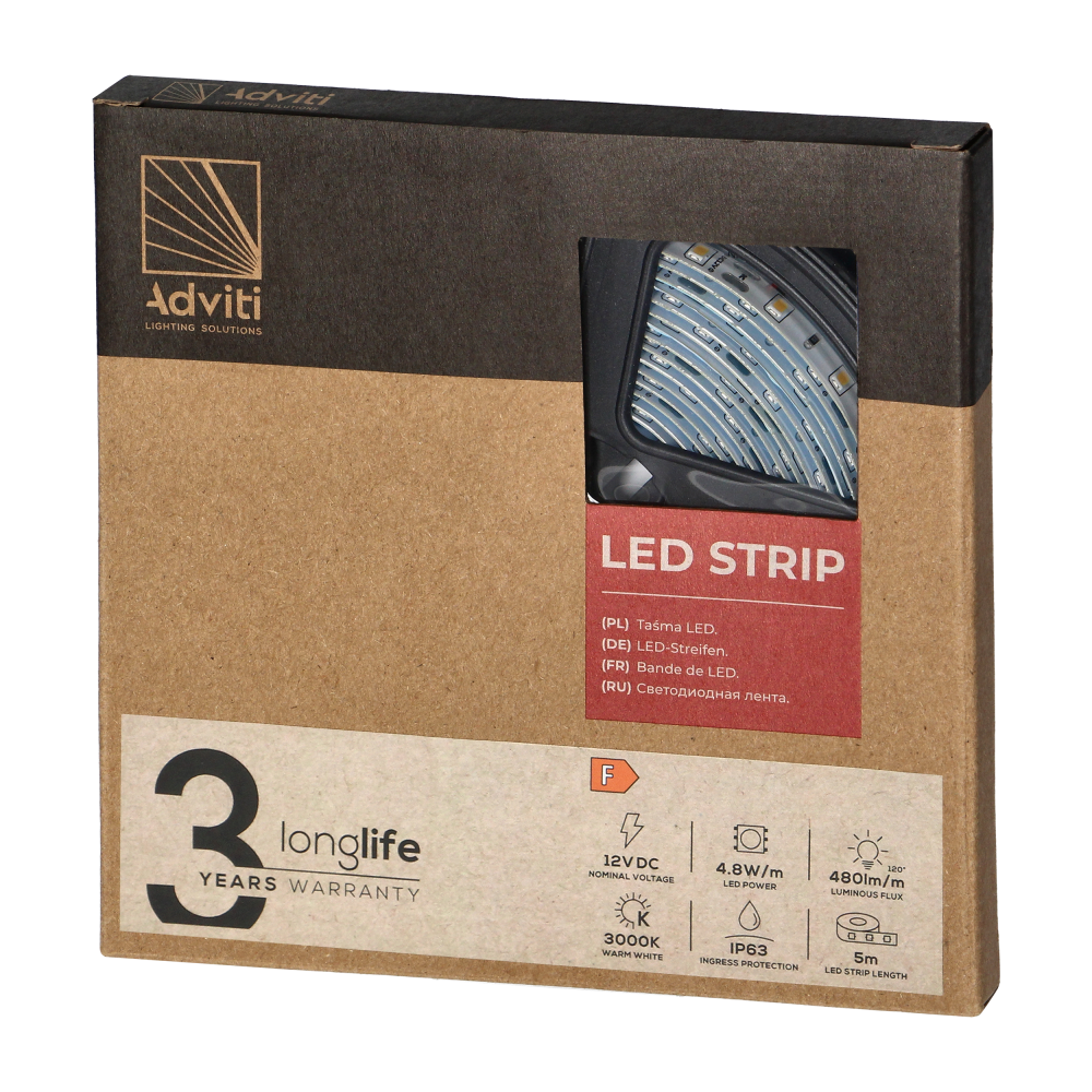 Taśma LED 12V, 2835, 60L/m, 430lm/m, 4,8W/m, IP63, 3000K, 5m