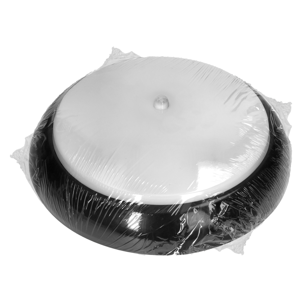 KOKO LED luminaire with PIR motion sensor, 12W, 3000K, 1100lm, black-polypropylene, matt PC diffuser, IP44, IK10