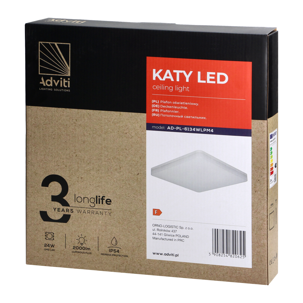 KATY LED 24W wall and ceiling light, 2000lm, IP54, IK10, 4000K, PC