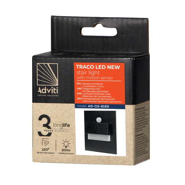 TRACO LED NEW 1,5W, recessed step light, 12VDC, 30lm, 3000K, black, motion and twilight sensors TRACO LED NEW 1,5W, recessed step light, 12VDC, 30lm, 3000K, black, motion and twilight sensors