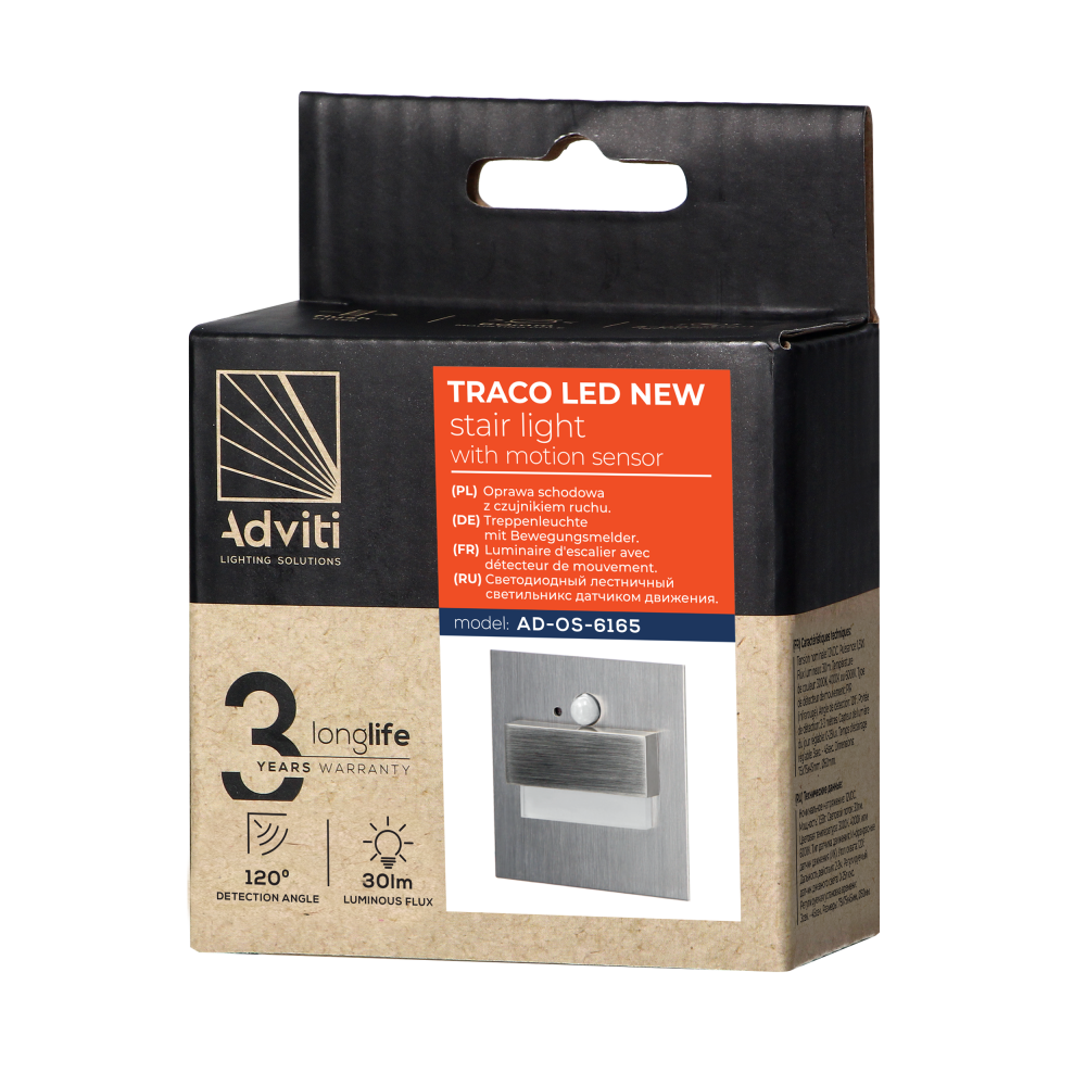 TRACO LED NEW 1,5W, recessed step light, 12VDC, 30lm, 3000K, satin, motion and twilight sensors