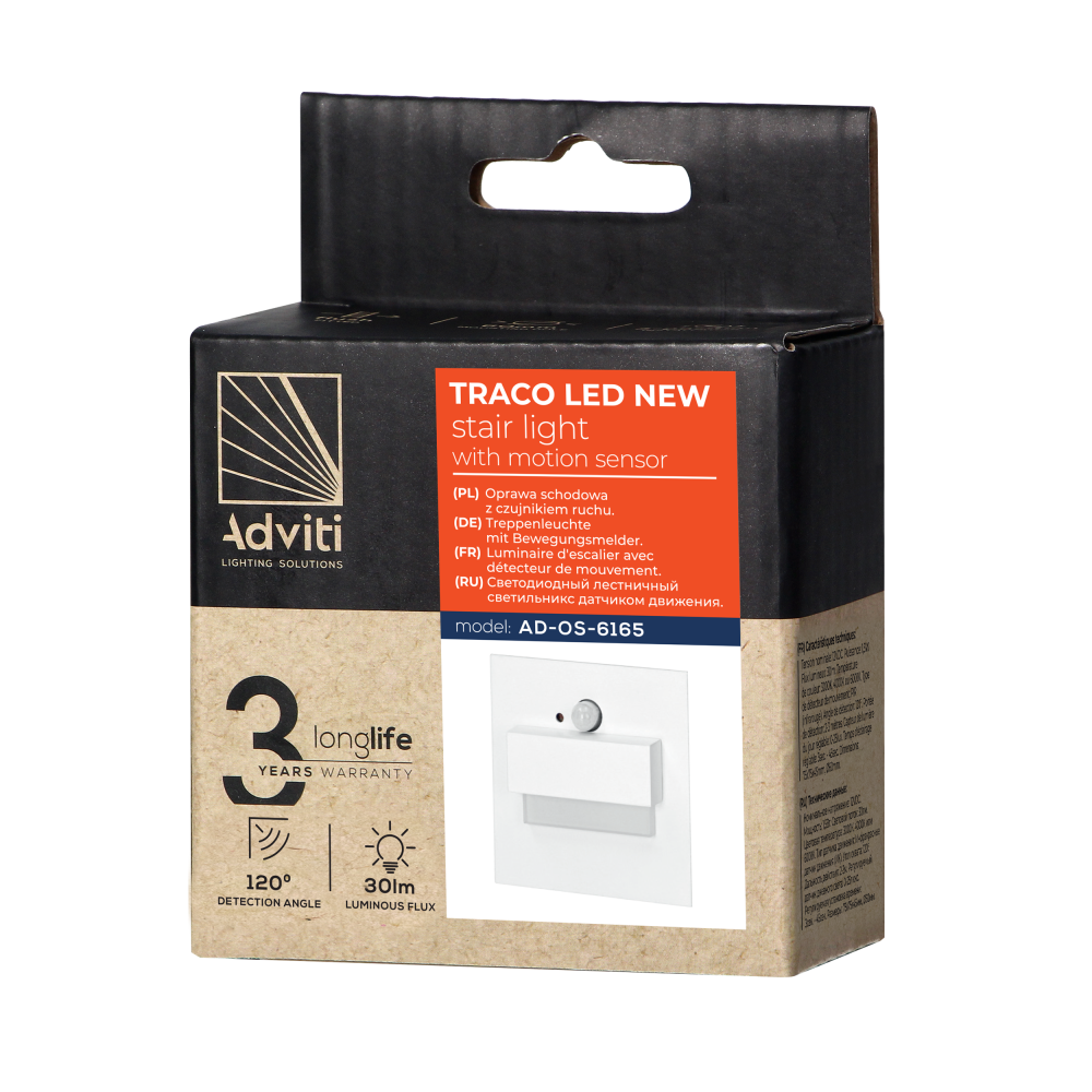 TRACO LED NEW 1,5W, recessed step light, 12VDC, 30lm, 3000K, white, motion and twilight sensors