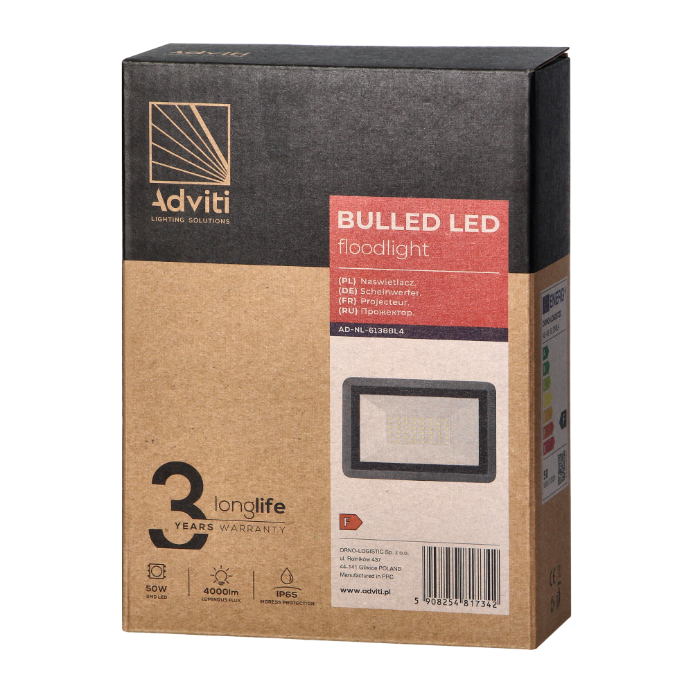 BULLED 50W naświetlacz 4000lm, IP65, 4000K, aluminium + szkło
