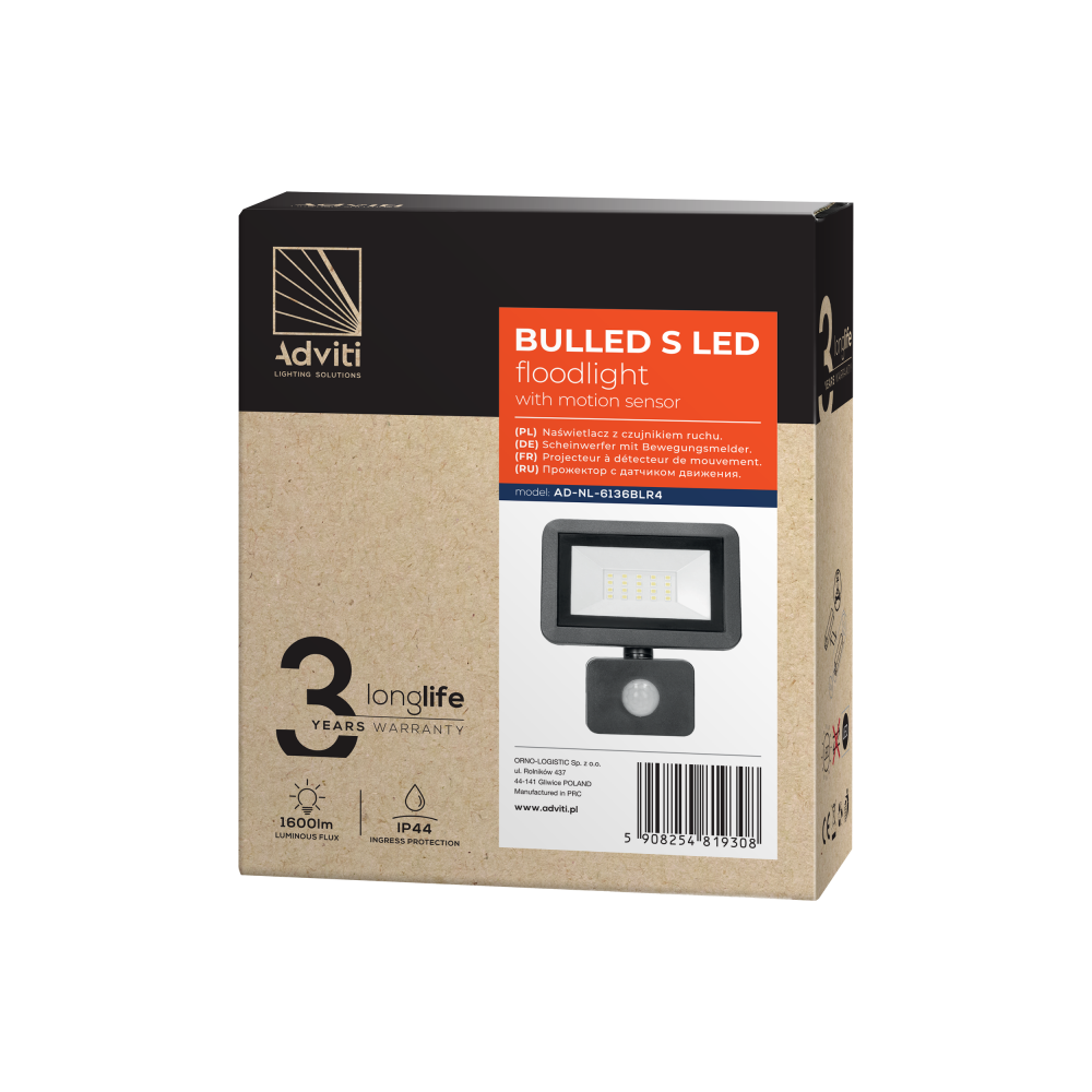 BULLED S 20W floodlight with PIR sensor 1600lm, IP44, 4000K, Alu+glass