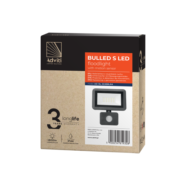 BULLED S 20W floodlight with PIR sensor 1600lm, IP44, 4000K, Alu+glass BULLED S 20W floodlight with PIR sensor 1600lm, IP44, 4000K, Alu+glass