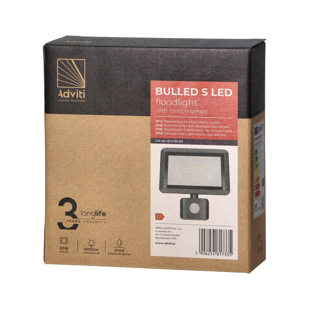 BULLED S 30W floodlight with PIR, 2400lm, IP44, 4000K, aluminium + glass