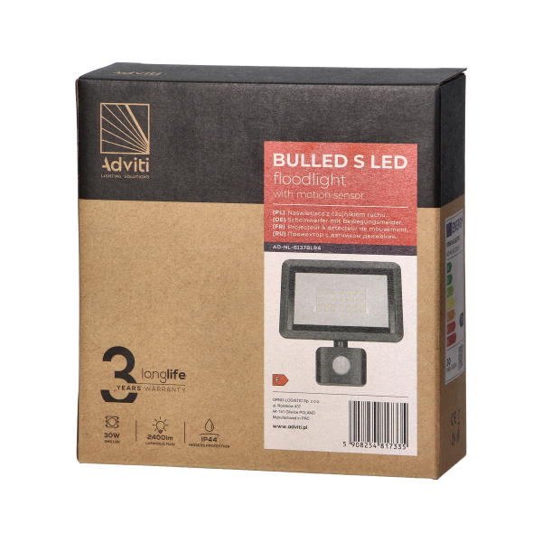 BULLED S 30W floodlight with PIR, 2400lm, IP44, 4000K, aluminium + glass BULLED S 30W floodlight with PIR, 2400lm, IP44, 4000K, aluminium + glass