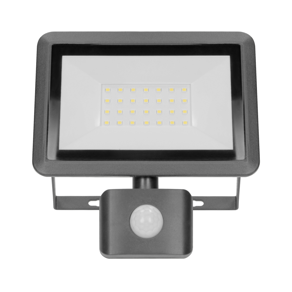 BULLED S 30W floodlight with PIR, 2400lm, IP44, 4000K, aluminium + glass