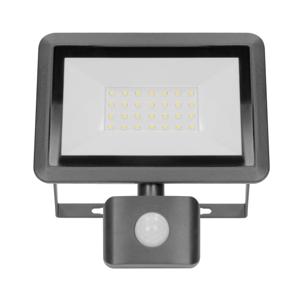 BULLED S 30W floodlight with PIR, 2400lm, IP44, 4000K, aluminium + glass BULLED S 30W floodlight with PIR, 2400lm, IP44, 4000K, aluminium + glass