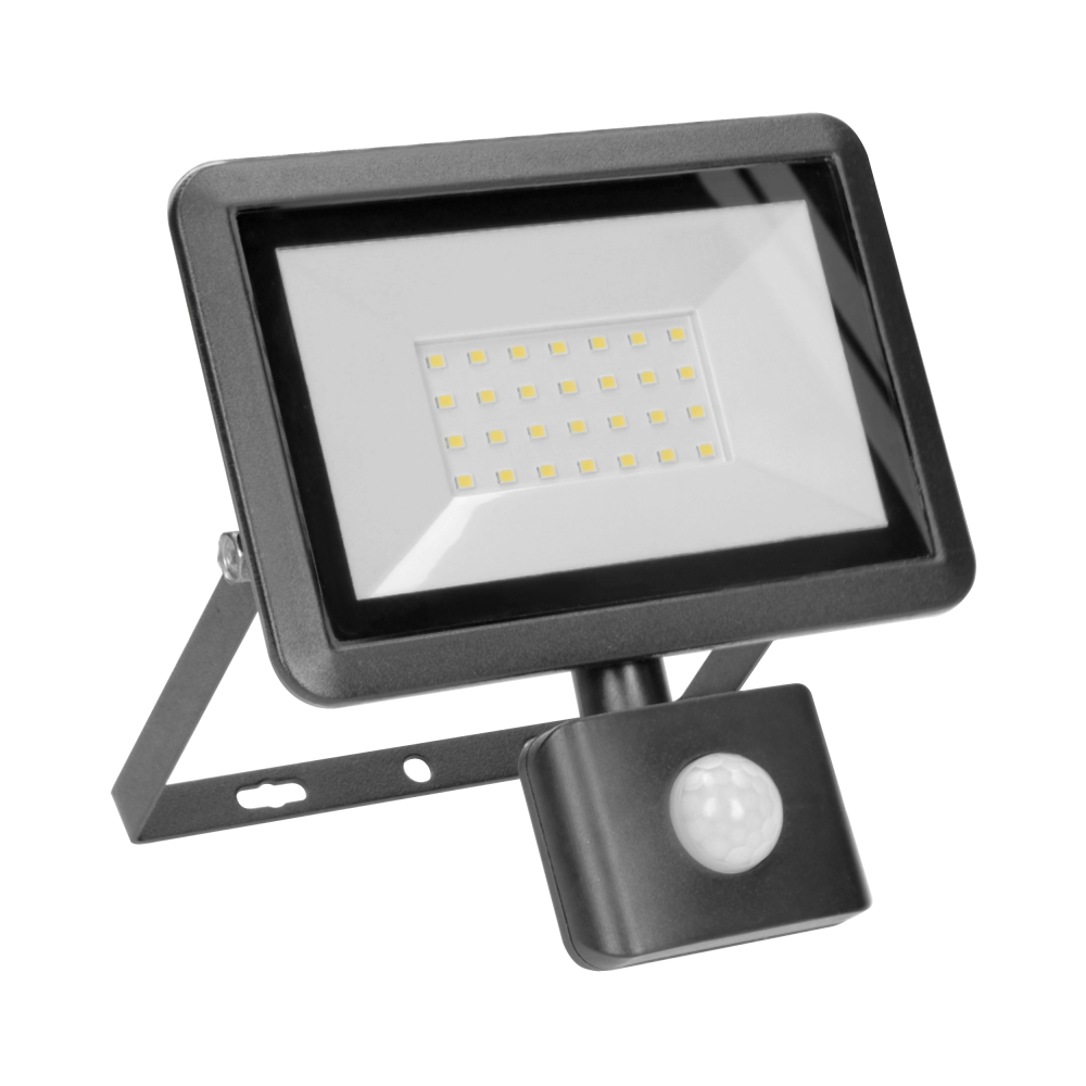 BULLED S 30W floodlight with PIR, 2400lm, IP44, 4000K, aluminium + glass