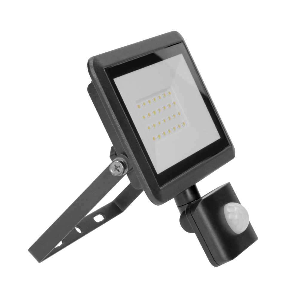 BULLED S 30W floodlight with PIR, 2400lm, IP44, 4000K, aluminium + glass