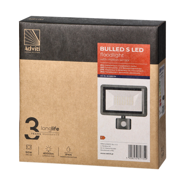 BULLED S 50W floodlight with PIR, 4000lm, IP44, 4000K, aluminium + glass BULLED S 50W floodlight with PIR, 4000lm, IP44, 4000K, aluminium + glass