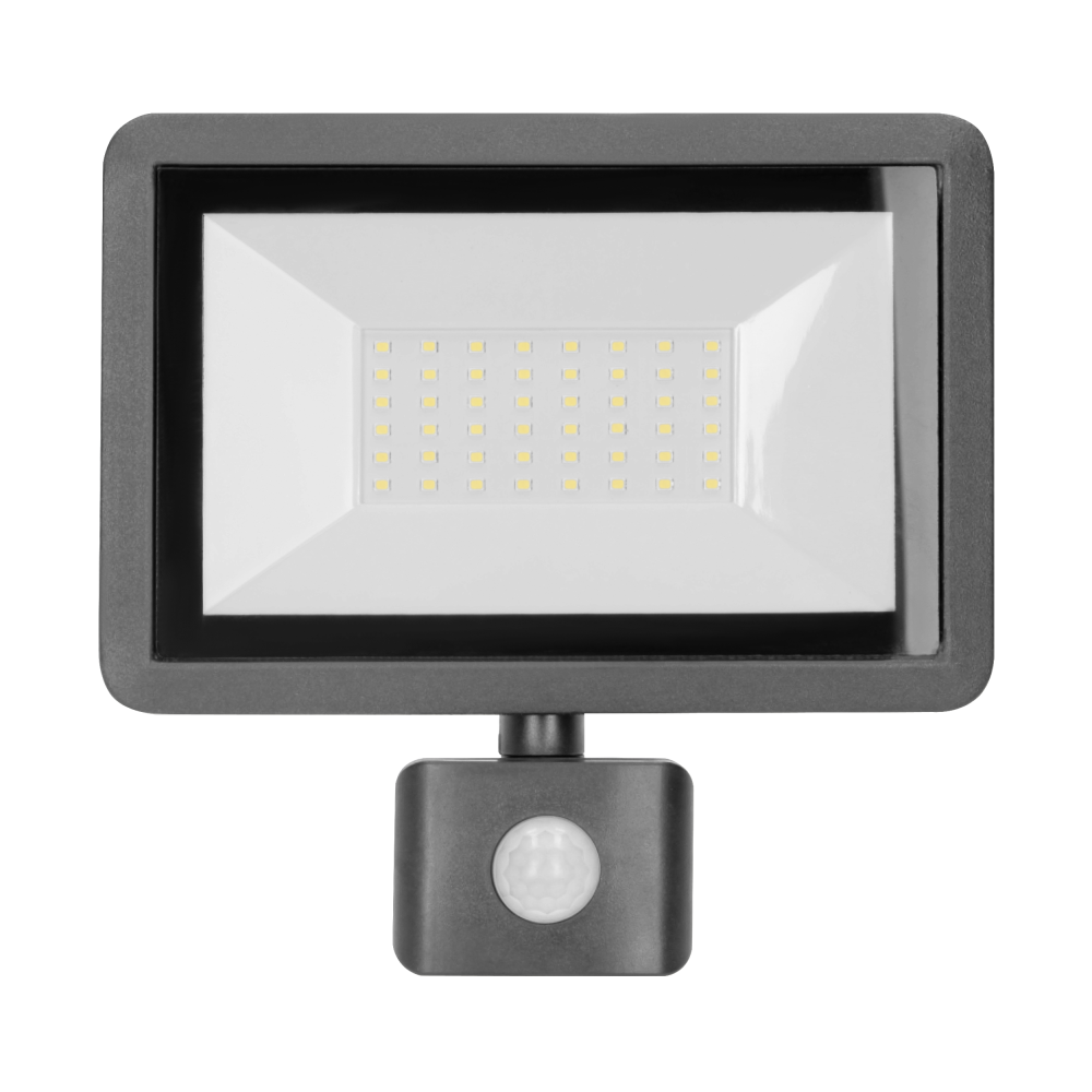 BULLED S 50W floodlight with PIR, 4000lm, IP44, 4000K, aluminium + glass