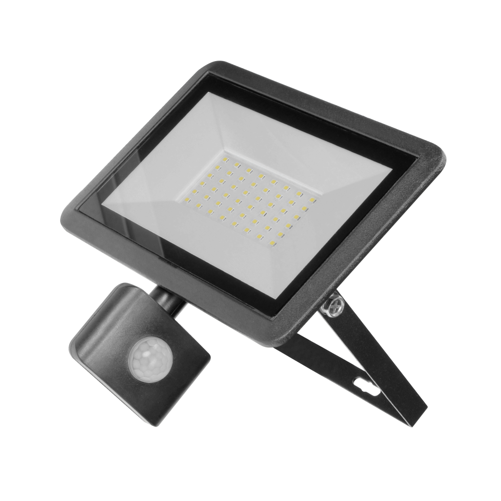 BULLED S 50W floodlight with PIR, 4000lm, IP44, 4000K, aluminium + glass