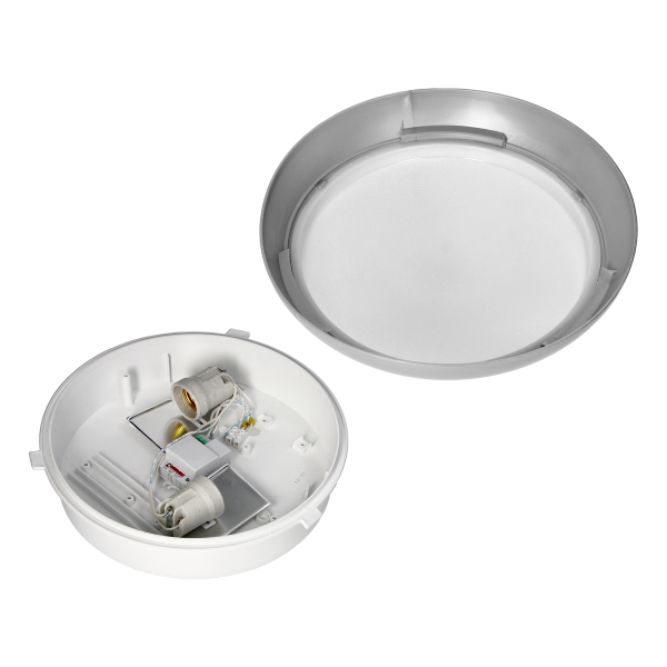 KOKO luminaire 2xE27 with microwave motion sensor, 2x40W, silver-polypropylene, matt PC diffuser, IP44, IK10 KOKO luminaire 2xE27 with microwave motion sensor, 2x40W, silver-polypropylene, matt PC diffuser, IP44, IK10